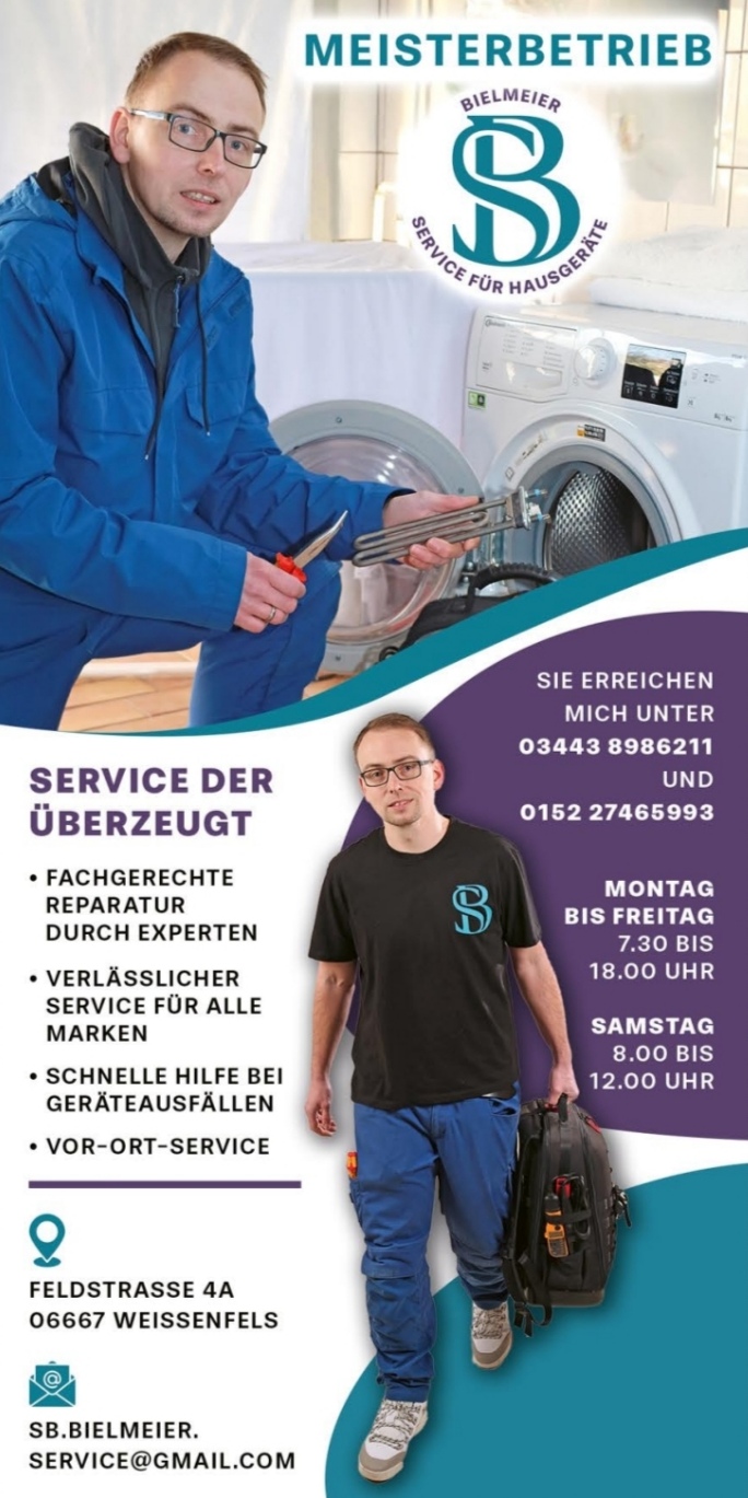 Als erfahrene Servicetechniker kümmern wir uns schnell und zuverlässig um alle Ihre Haushaltsgeräte. 
Von der Waschmaschine bis zum Herd – wir reparieren alles! 
Rufen Sie uns an unter 03443 8986211 oder 015227465993.  Wir freuen uns auf Sie!